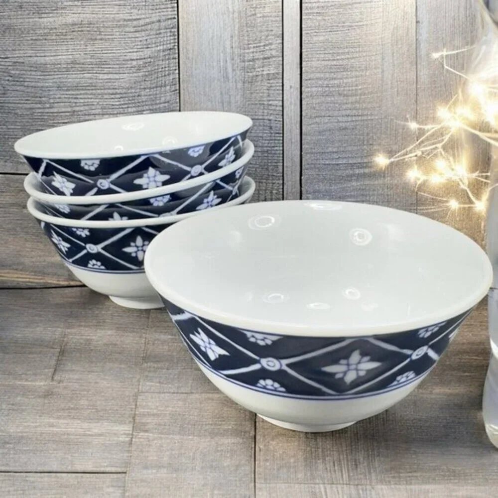 Pier 1 Porcelain Stoneware Deep Dish Bowl Set 4 Blue White Floral Pattern 5inch‎